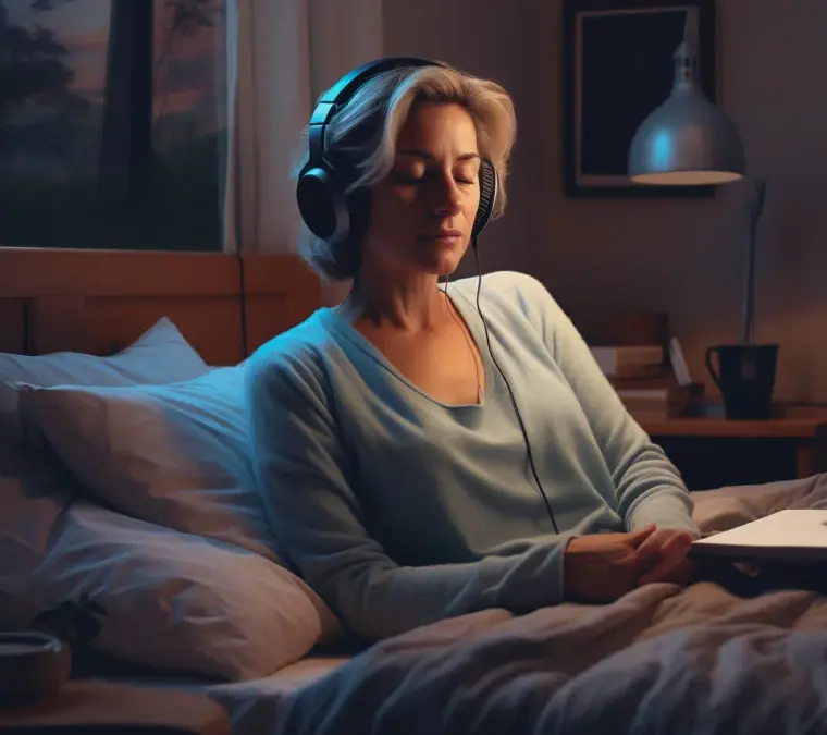 Woman relaxing with headphones in cozy bedroom at night.