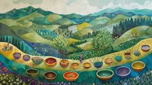 Colorful landscape painting with patterned rolling hills and singing bowls.