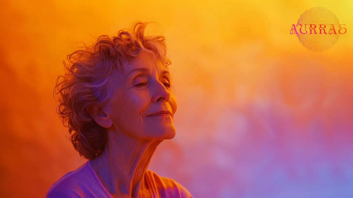 Elderly woman smiling in colorful, warm light.