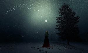 Snowy night with woman and tree under starry sky.