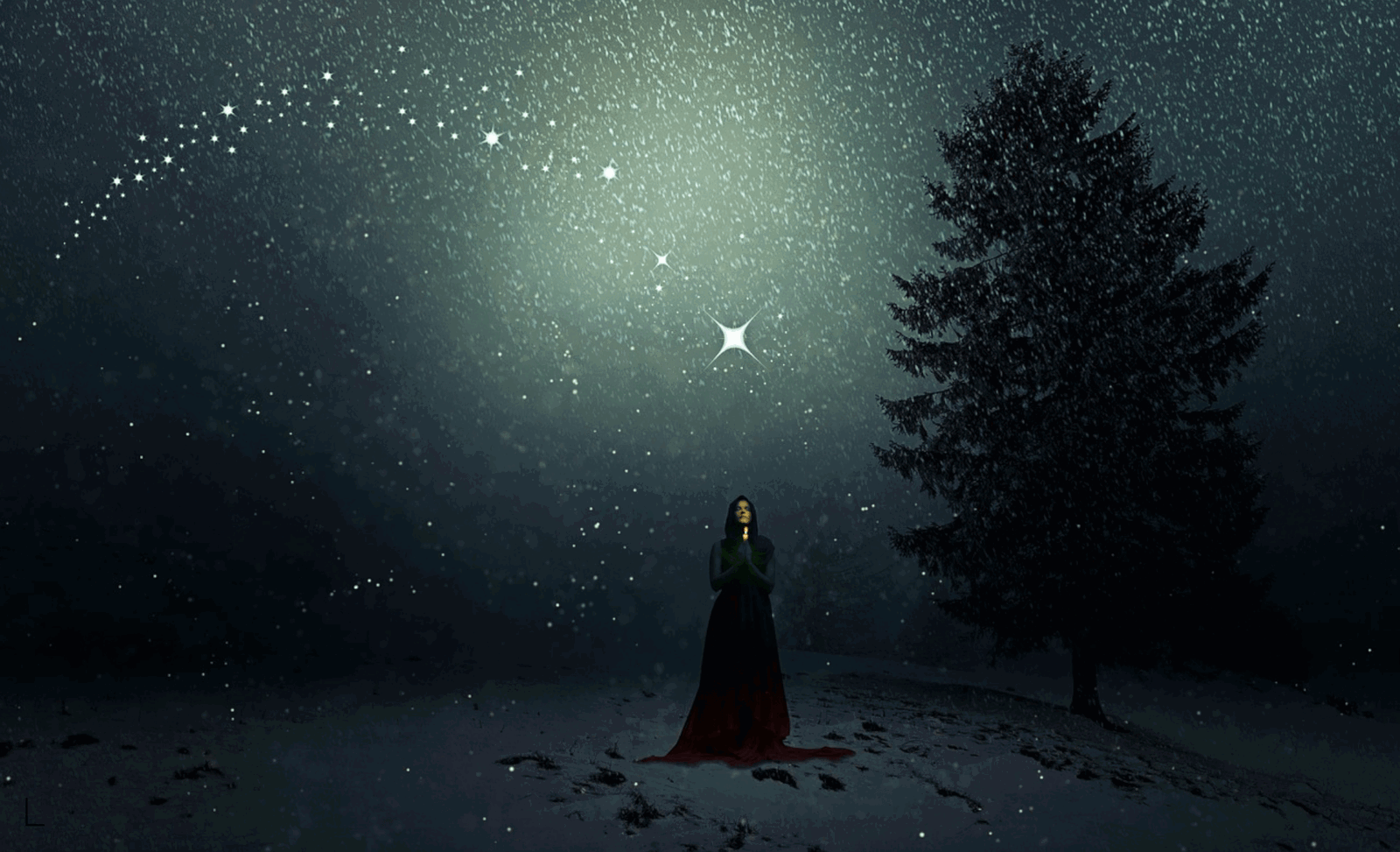 Snowy night with woman and tree under starry sky.