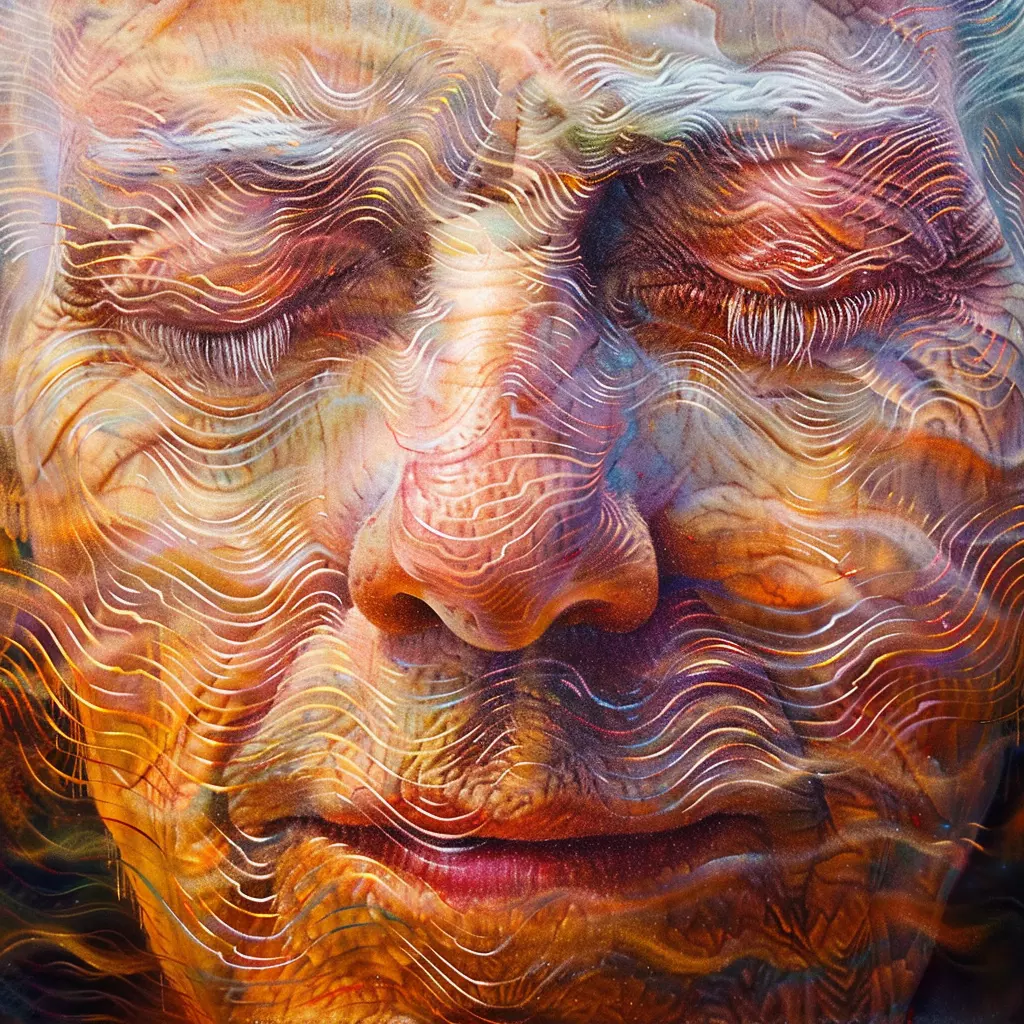 An abstract colorful image of a person meditating with sound waves washing over their face