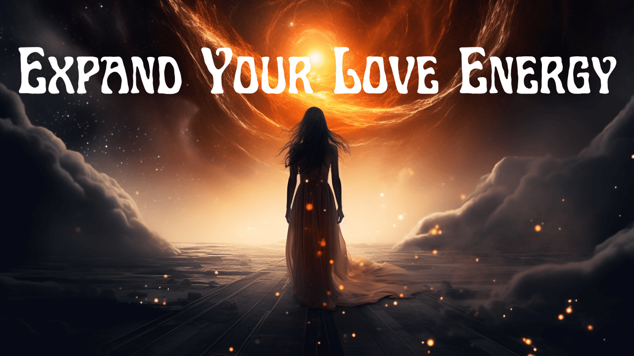 Woman standing against cosmic background, text: Expand your love energy