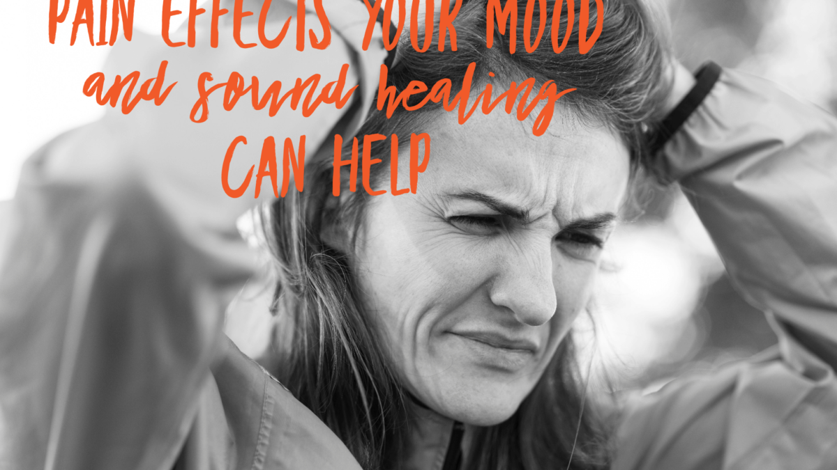 Woman with headache, text about sound healing benefits.