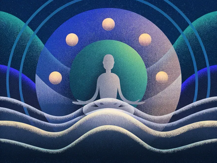 Abstract meditation with planets, silhouetted figure