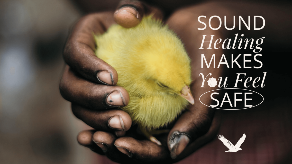 Hands holding yellow chick, soothing quote beside.