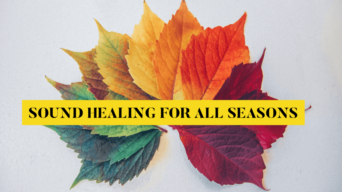 Colorful leaves with sound healing text.