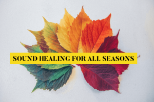 Colorful leaves with sound healing text.