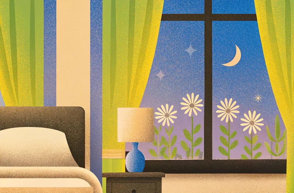 Cozy bedroom, night sky view, flowers by window.