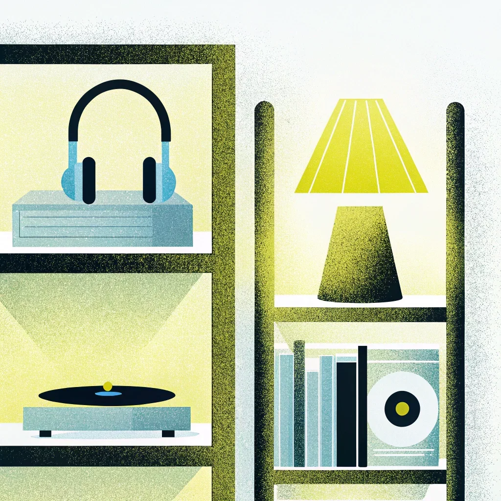 Home office with vinyl, headphones, books, and lamp
