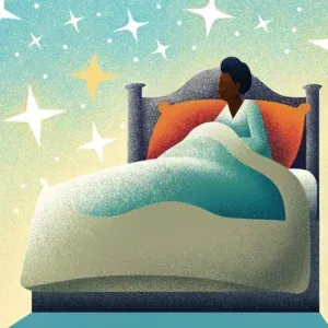 Person sleeping in bed under starry night.