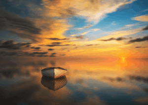 Boat on calm water at sunset.
