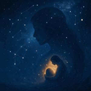 Silhouettes and constellations under starry night sky.