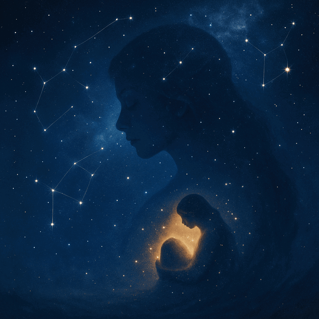 Silhouettes and constellations under starry night sky.