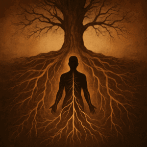 Silhouette with tree branches and roots connection.