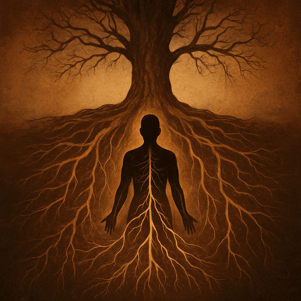 Silhouette with tree branches and roots connection.