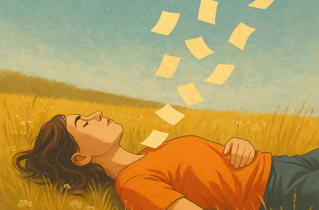 Person dreaming in a field with floating papers.