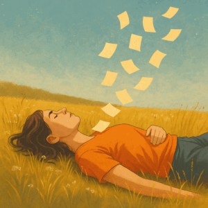 Person dreaming in a field with floating papers.