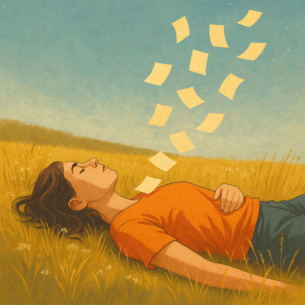 Person dreaming in a field with floating papers.