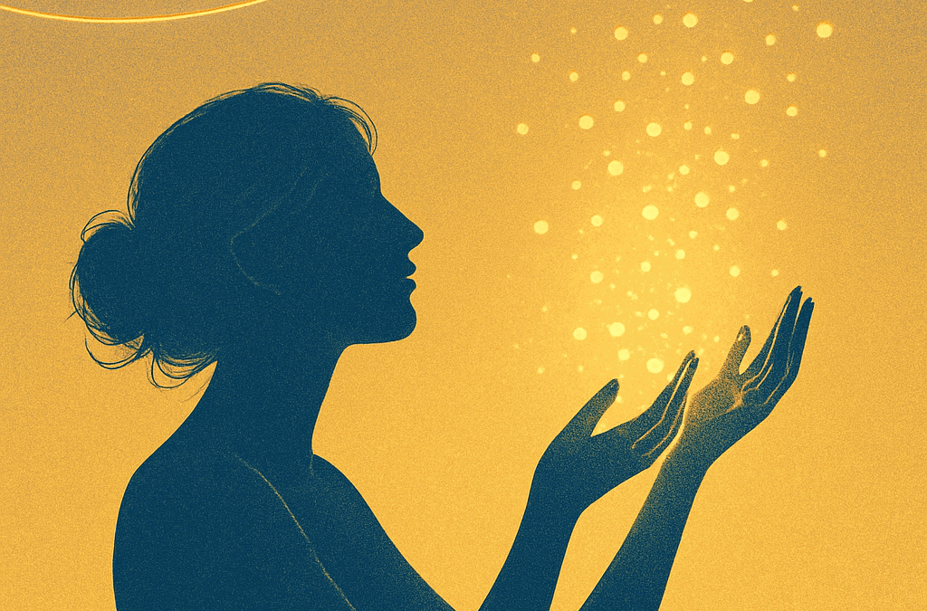 Silhouette reaching for glowing particles in hands.