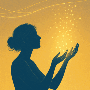 Silhouette reaching for glowing particles in hands.