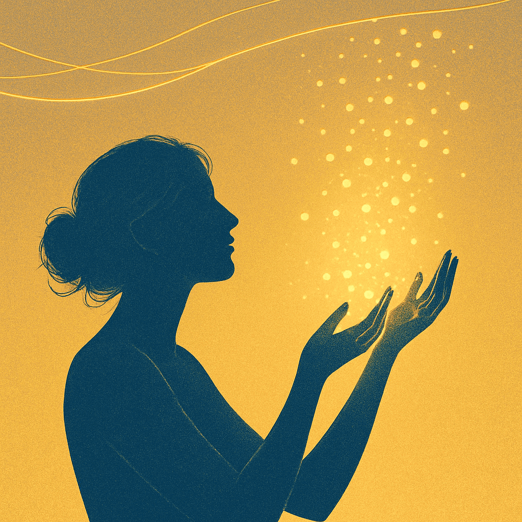 Silhouette reaching for glowing particles in hands.