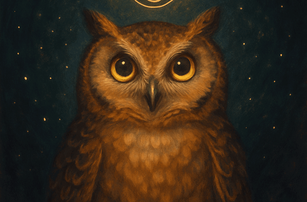 Illustrated owl with mystical symbol and starry background.