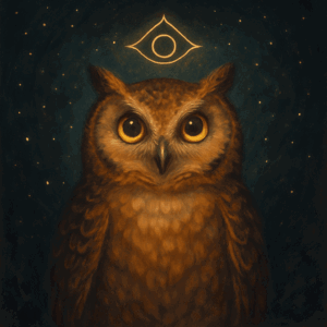 Illustrated owl with mystical symbol and starry background.