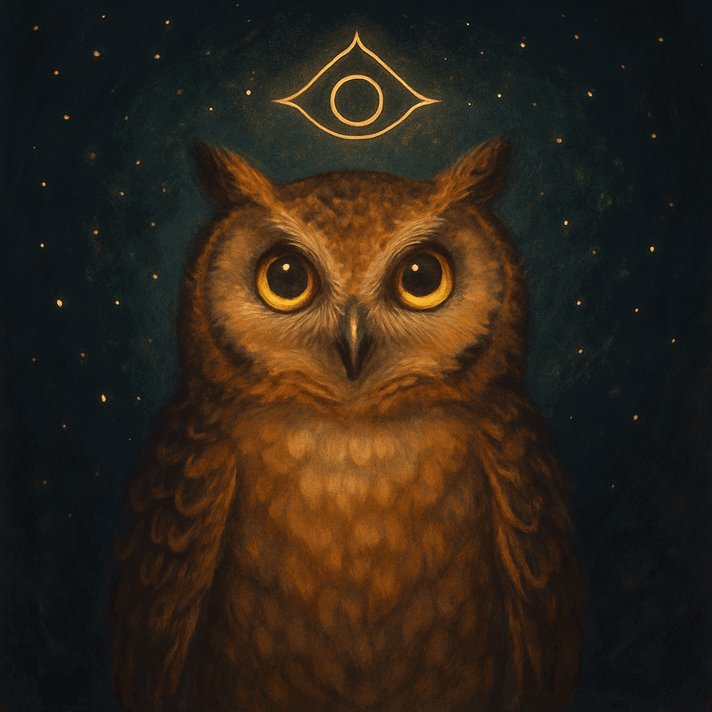 Illustrated owl with mystical symbol and starry background.