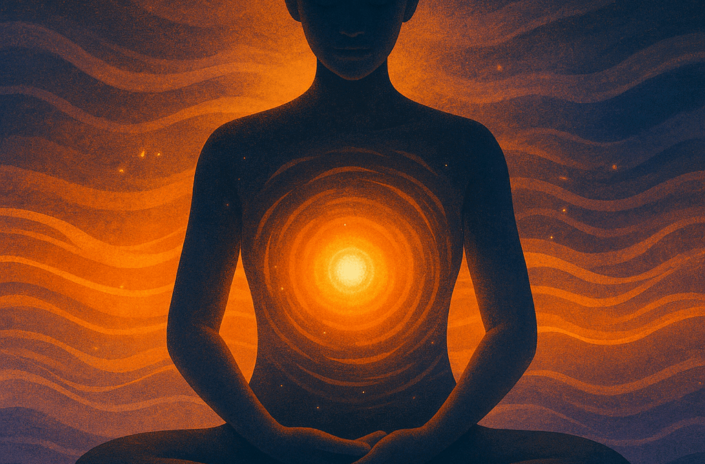 Silhouette meditating with glowing light center