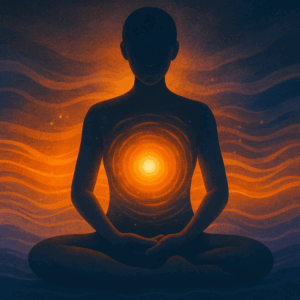 Silhouette meditating with glowing light center