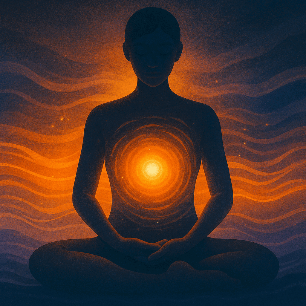 Silhouette meditating with glowing light center