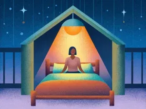 Person sitting on bed under stars, warm glow.