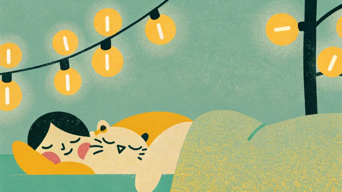 Person and cat sleeping under string lights.