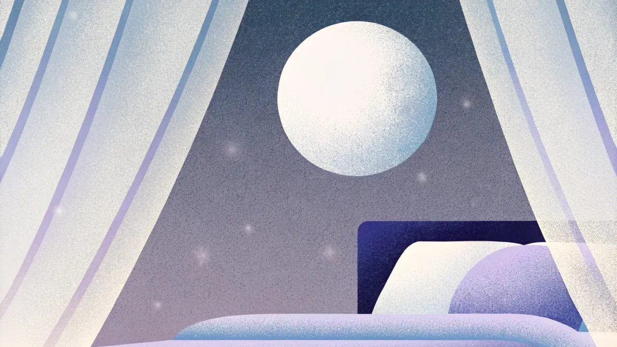 Bedroom with moonlit view through curtains, soft colors.