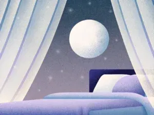 Bedroom with moonlit view through curtains, soft colors.