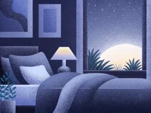 Cozy bedroom with sunrise view through window.
