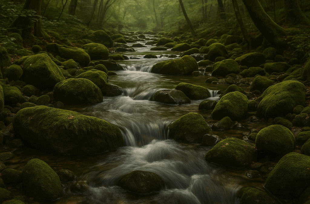Moss-covered rocks and flowing stream in forest