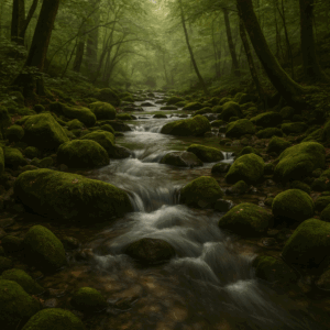 Moss-covered rocks and flowing stream in forest