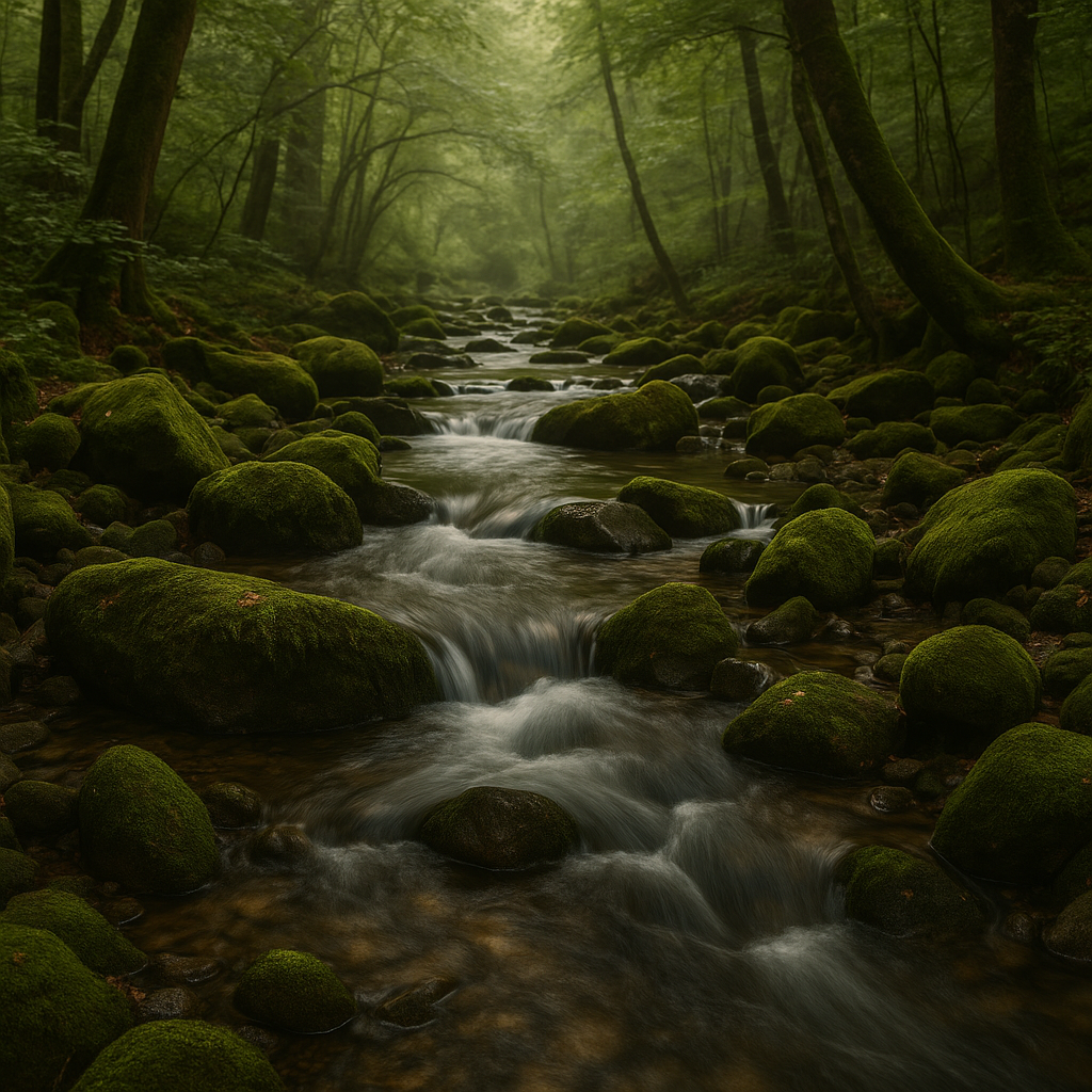 Moss-covered rocks and flowing stream in forest
