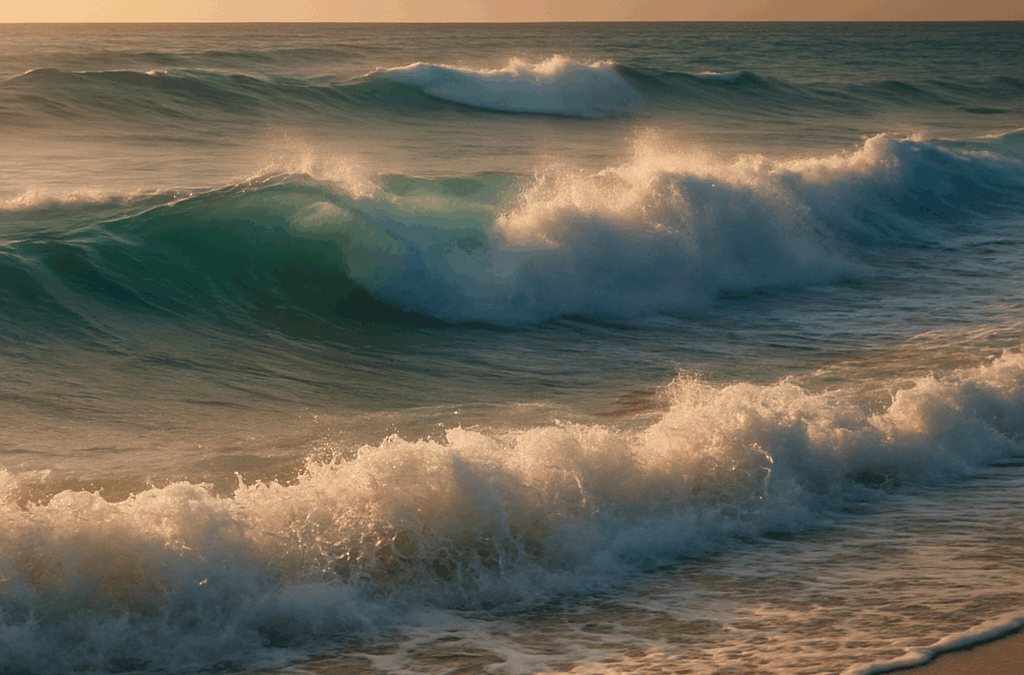 Sunset waves crashing on sandy beach