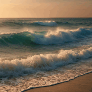 Sunset waves crashing on sandy beach