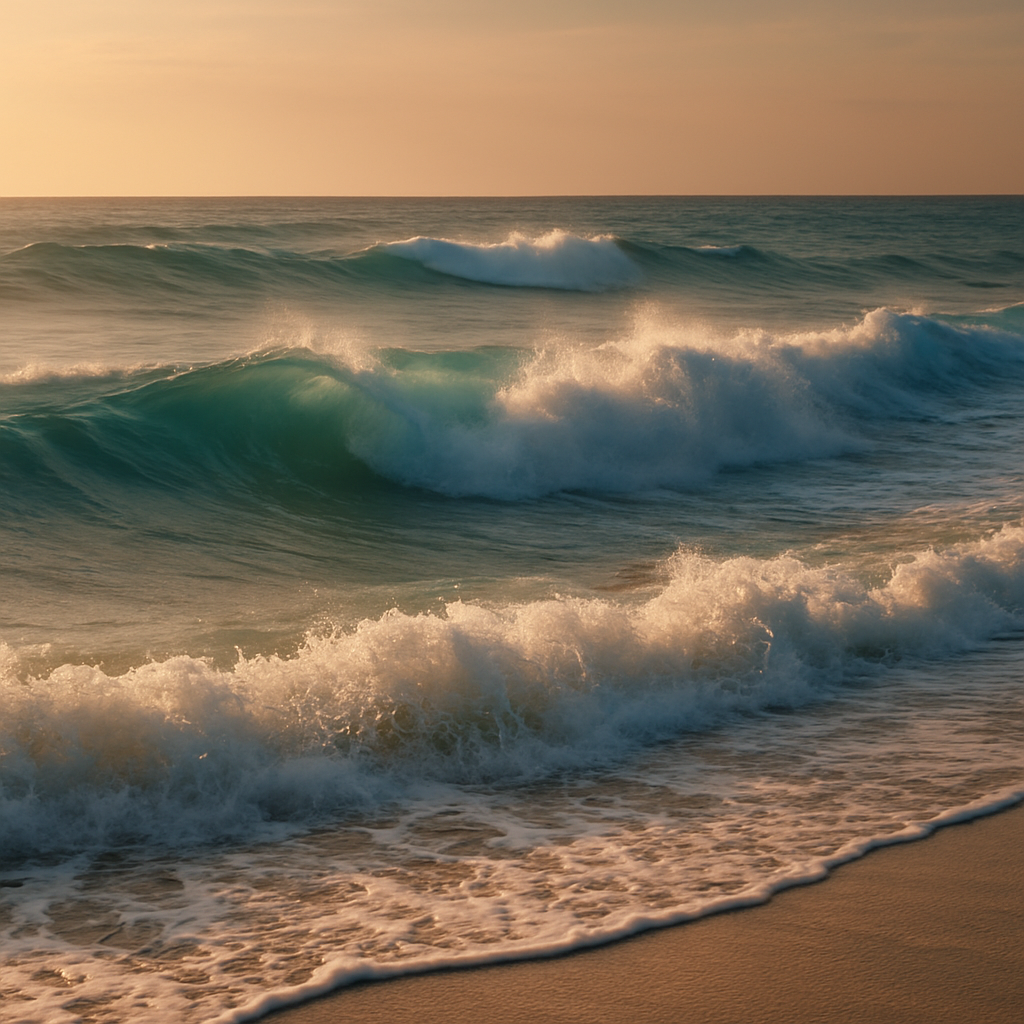 Sunset waves crashing on sandy beach