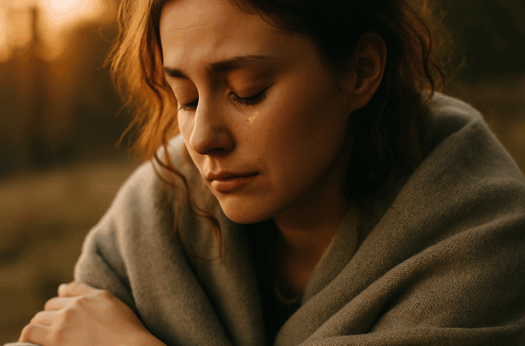 Woman sitting alone, visibly sad.