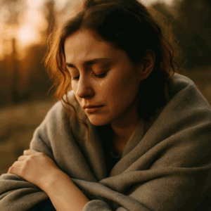 Woman sitting alone, visibly sad.