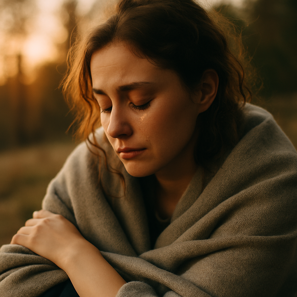 Woman sitting alone, visibly sad.