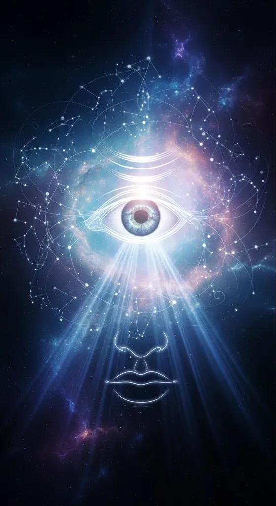 Mystical eye and face in cosmic space