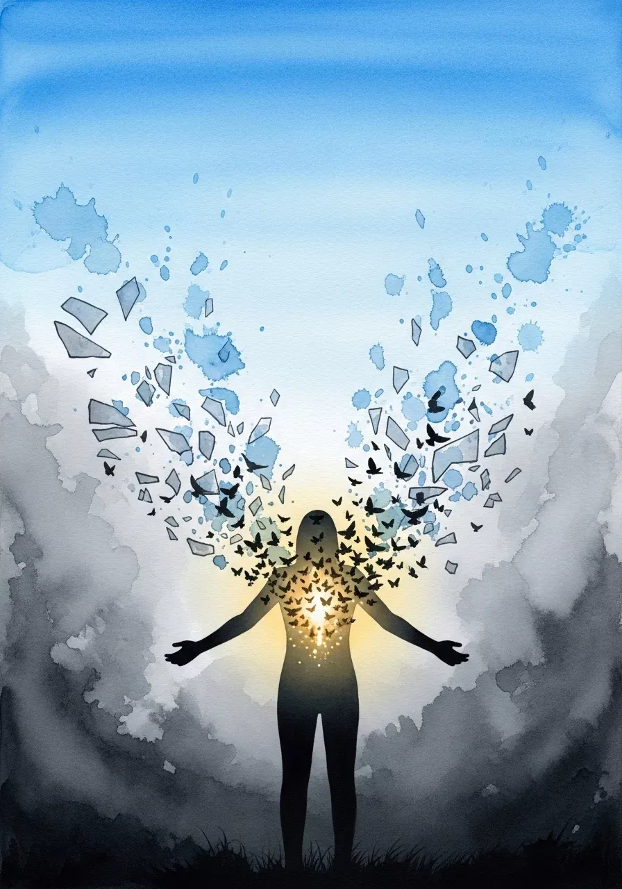 Abstract silhouette with butterflies and blue sky.