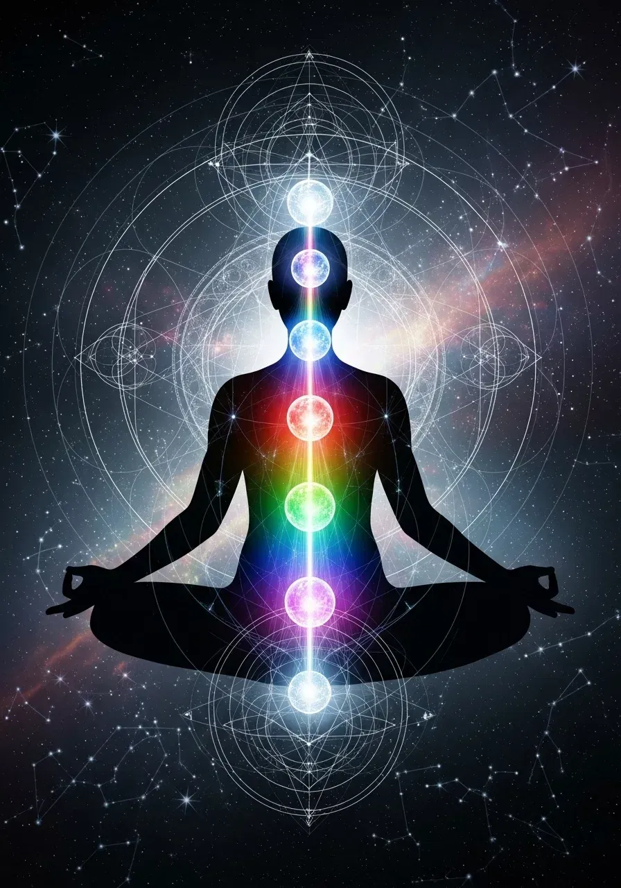 Meditating silhouette with aligned colorful chakras.