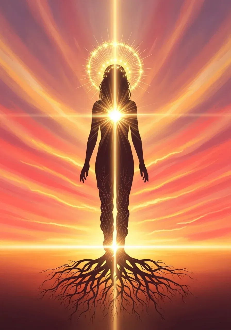 Silhouette with radiant light and roots at sunset.